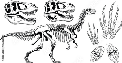 Dinosaur skeleton anatomy illustration set with skull bones footprints and fossil details scientific black and white vector design