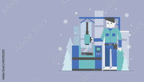 Industrial worker operating manufacturing equipment during winter production Flat vector illustration