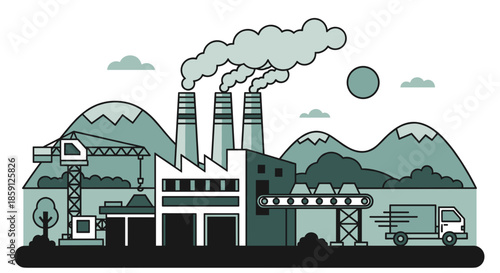 Manufacturing complex illustration showing pollution from factory smokestacks and industrial logistics