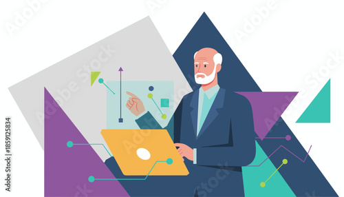 Experienced executive analyzes digital data visualization on a screen representing finance strategy and business intelligence