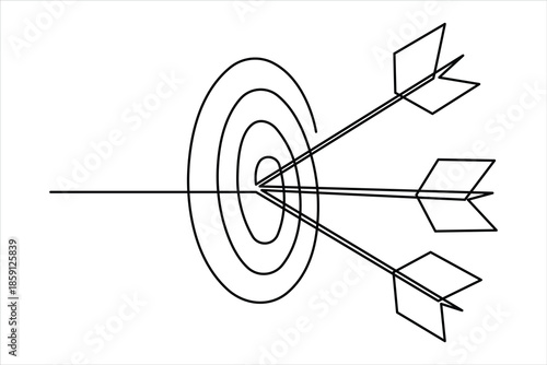 Continuous line art drawing of archery target with arrow, one line art design vector illustration