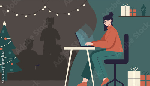 Woman works on laptop during a holiday gathering illustrating remote work stress or imbalance