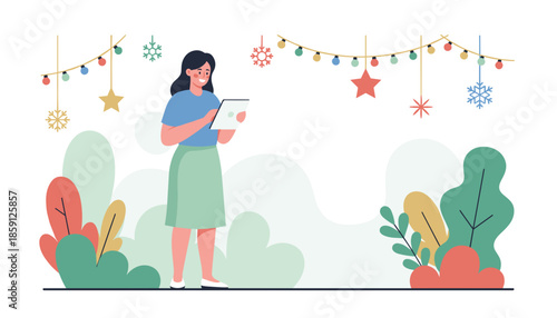 Happy woman using tablet amidst holiday lights and foliage Seasonal planning illustration