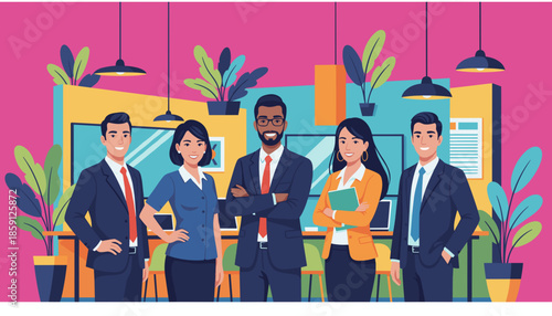 Diverse successful business team standing confidently in a modern colorful office environment