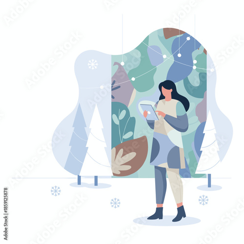 Woman using tablet in flat design illustration with abstract winter nature background Digital communication creative work
