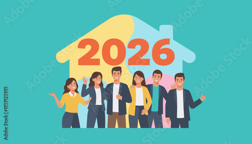 Diverse team celebrating 2026 real estate success inside a colorful house illustration