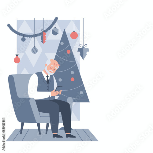 Elderly man sits alone using a smartphone by a decorated window and Christmas tree