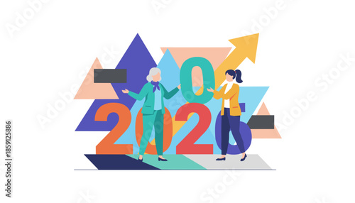Two businesswomen stand before 2025 numbers symbolizing future planning and growth