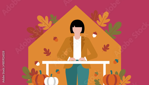 Autumn home concept Woman illustration framed by fall leaves pumpkins and seasonal elements