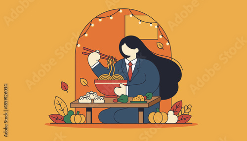Businesswoman enjoying Asian noodles and dumplings in an autumnal cozy setting Worklife balance concept