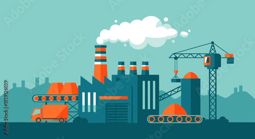 Industrial factory illustration with smokestacks crane and conveyor belts Manufacturing and production concept