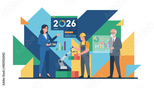 Business team plans industry 40 strategy for 2026 using automation data analysis and robotics