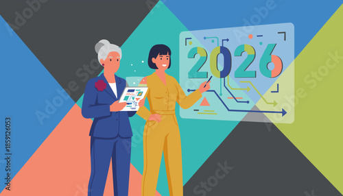 Businesswomen analyze the 2026 strategy forecast using a digital presentation and tablet