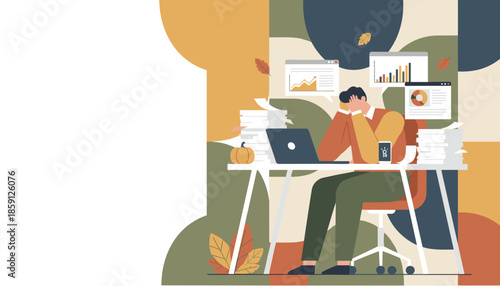 Overwhelmed worker stressed by piles of tasks data and Q4 deadlines in autumn