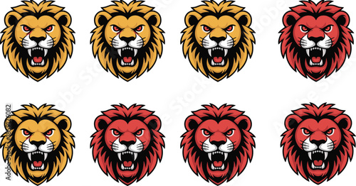 Angry lion head mascot illustration set with roaring expressions colorful animal faces vector design for sports teams branding and logos