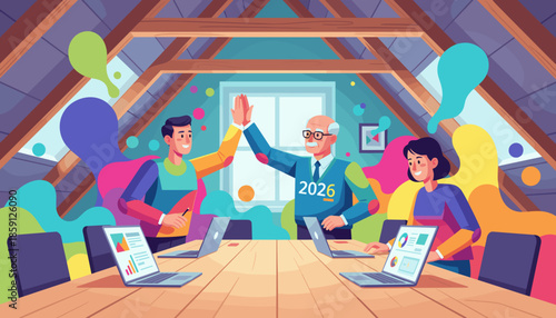 Intergenerational business team celebrates success with a high five in a vibrant creative loft office Collaboration concept