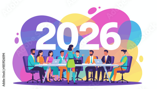 Business meeting planning 2026 led by a cyborg presenter Future strategy and technology concept