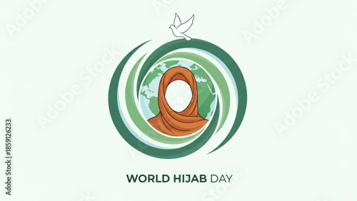 World Hijab Day logo illustration of woman in hijab with globe and dove representing peace and global unity vector graphic