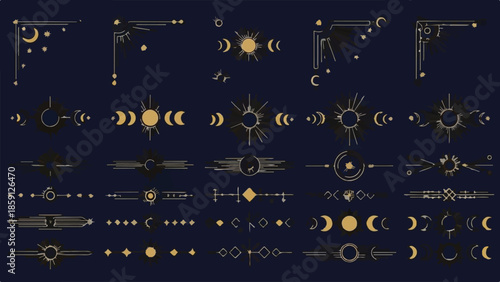 Minimalist Golden Celestial Vector Graphic Set of Dividers, Borders, and Corner Decorations isolated PNG with Transparent Background