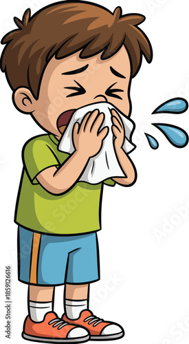 Cartoon boy sneezing into tissue with runny nose, allergy or flu symptoms, child illness concept, cute vector illustration isolated on white background