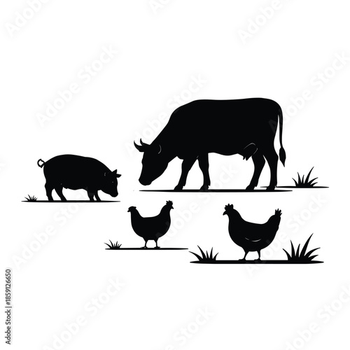 Farm animals grazing silhouette flat vector illustration