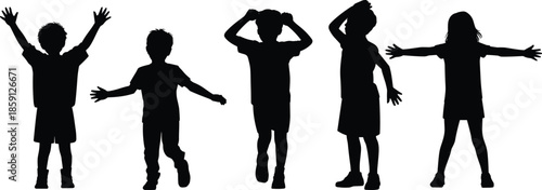 Kids silhouettes set with playful poses, children standing and jumping, childhood activity concept, black vector illustration isolated on white background