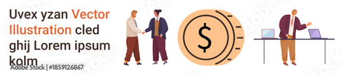Business strategy, teamwork, finance, digital transactions, collaboration, entrepreneurship. Two people shaking hands, dollar coin icon and a person working on laptops. Business strategy and finance