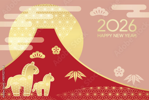 Celebrate New Year 2026 with Mount Fuji and Horses design vector