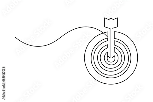 Continuous line art drawing of archery target with arrow, one line art design vector illustration