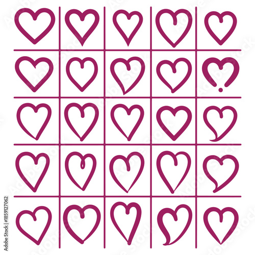 Collection of heart icons arranged in a grid pattern suitable for design and craft projects