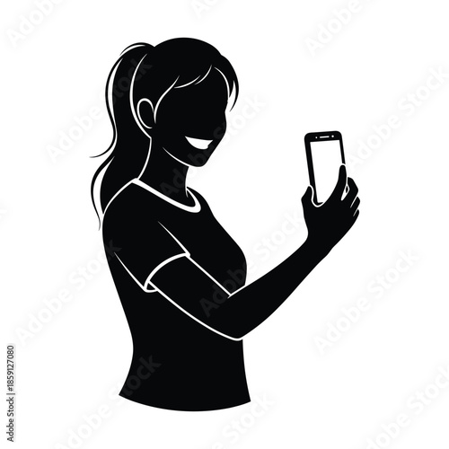 Smiling woman taking selfie flat vector illustration