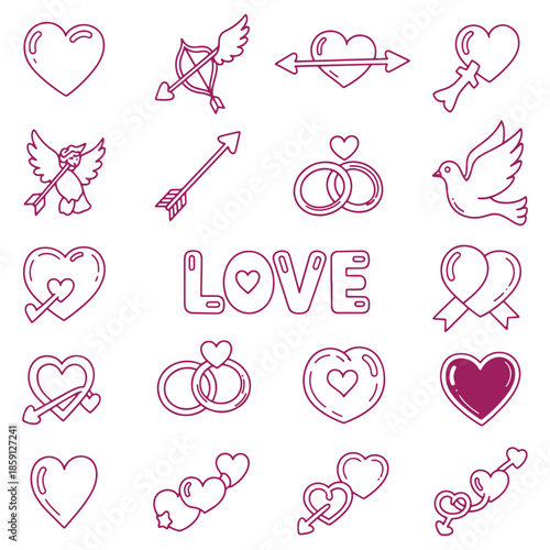 Collection of romantic icons featuring hearts Cupid doves and wedding rings perfect for Valentines Day designs