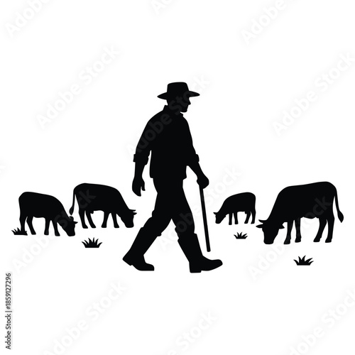 Farmer walking with cattle silhouette illustration