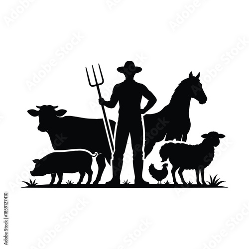 Farmer with livestock silhouette vector illustration