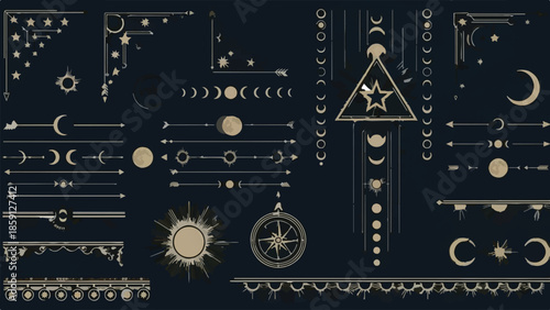 Vintage Mystical Celestial Borders and Dividers Vector Collection with Sun, Moon Phases, and Esoteric Symbols isolated PNG with Transparent Background