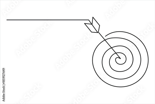 Continuous line art drawing of archery target with arrow, one line art design vector illustration