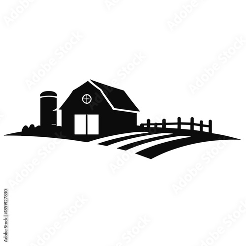 Farmhouse with silo and fence silhouette