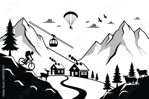 a scenic black and white illustration depicts a mountainous landscape with various outdoor activities and wildlife thriving within it