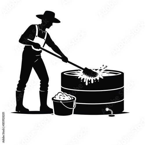 Silhouette man washing tire with bucket flat vector