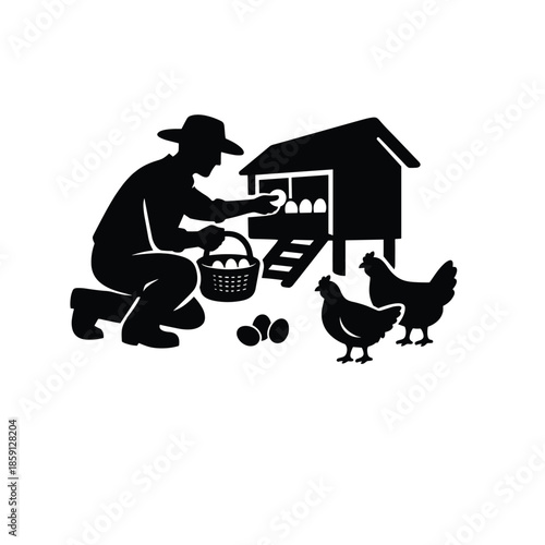 Farmer collecting eggs from chicken coop silhouette