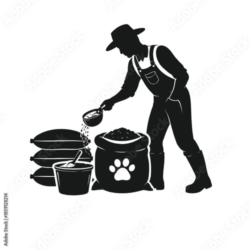 Farmer Pouring Feed into Sack Silhouette Vector