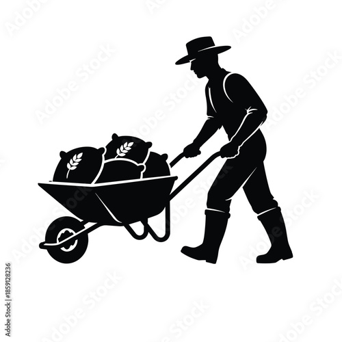 Silhouette of farmer pushing wheelbarrow with sacks