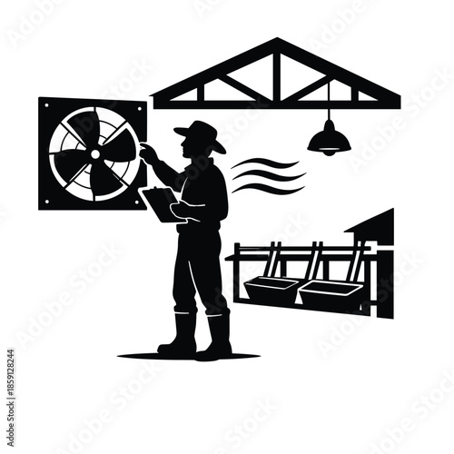 Farmer inspecting ventilation system on farm flat vector