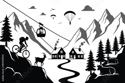 A scenic illustration depicts a mountain landscape with a cable car paragliders cyclist and wildlife showcasing outdoor adventure and tranquility