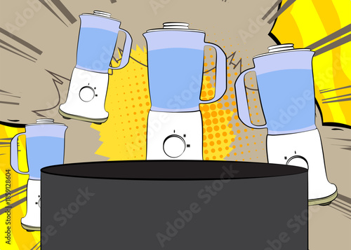 Comic Book Product podium stage for mockup presentation with Food Blender. Retro comics background.