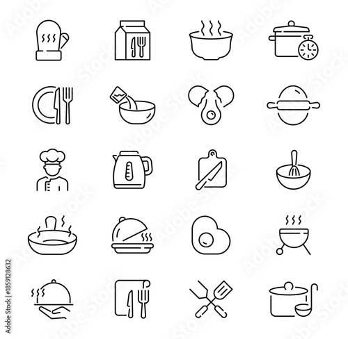 Collection of kitchen and cooking line icons for various culinary activities.