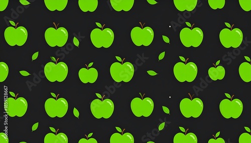 Animated repeating pattern featuring bright green apples and leaves, set against a dark grey background