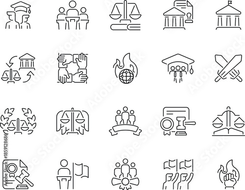 Collection of Legal and Justice Outline Icons Representing Law and Order.