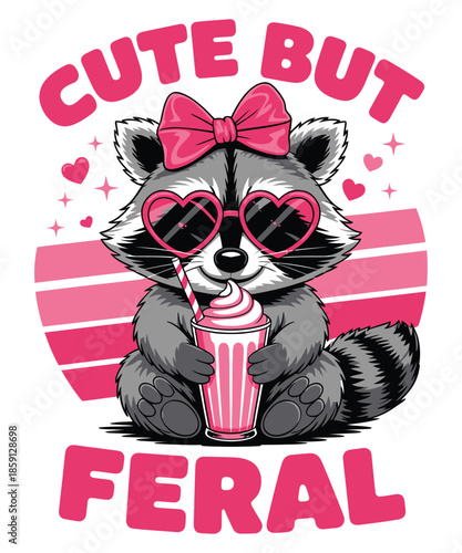 Cute Feral Raccoon Pink Bow Heart Milkshake Illustration T Shirt Design