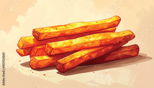 Watercolor Illustration of a Stack of Golden French Fries.